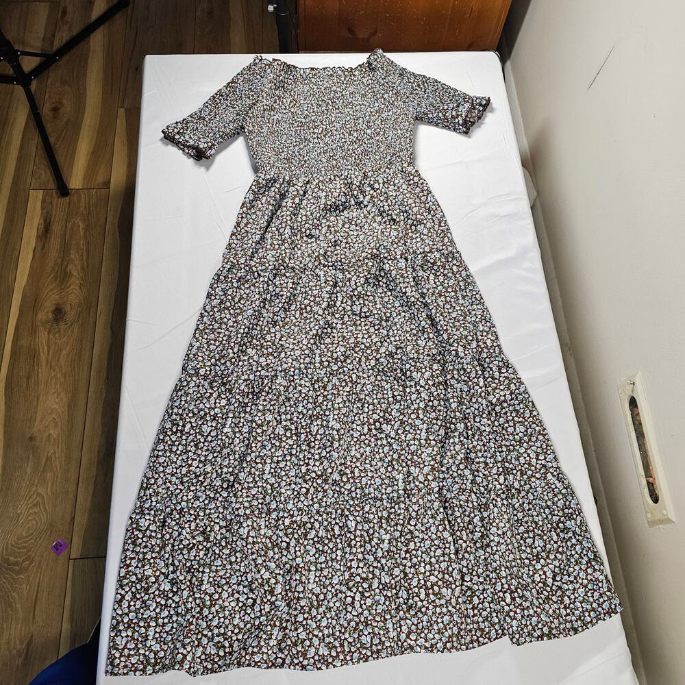 Elings Smocked Floral Maxi Dress Boho Cottagecore Tiered Brown Blue Size S
